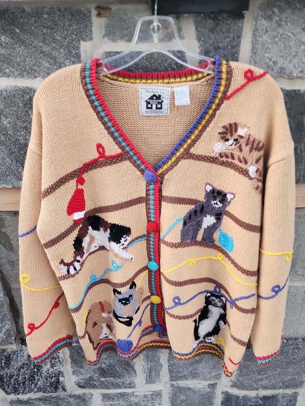 Storybook Knits Beige Cat Embroidered Cardigan with Multicolor Trim